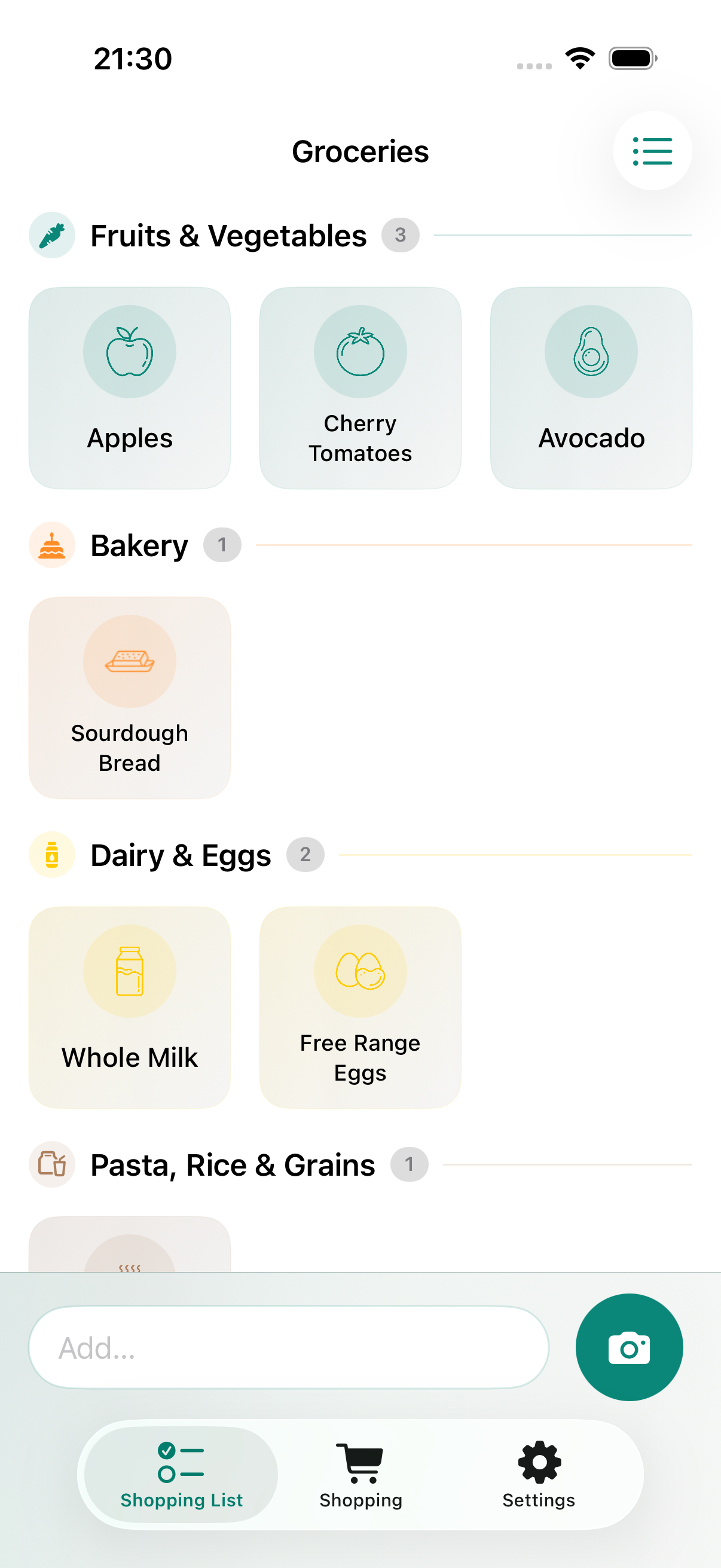 Native Shopping List interface showing category-coloured tiles with fictional groceries